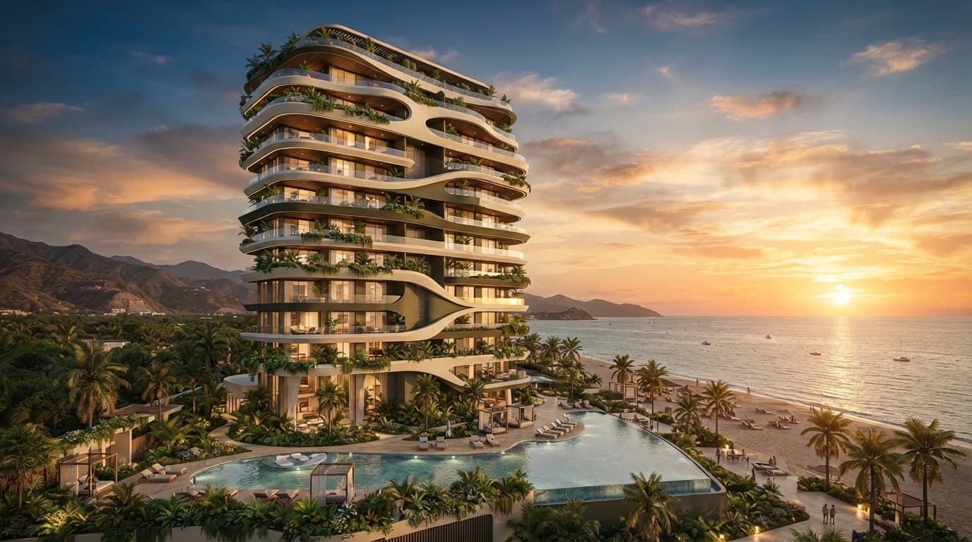Render arquitectónico de un proyecto residencial frente al mar Caribe en Santa Marta, con terrazas amplias y vegetación tropical al atardecer.